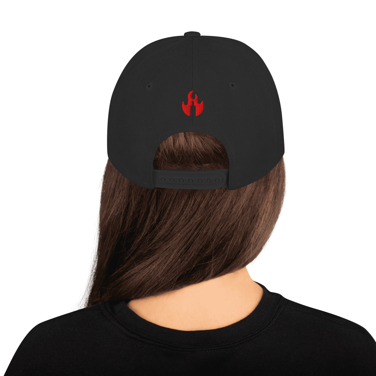 Back of black Hawaii Mars snapback cap with the WildFire Whisky flame embroidered in red