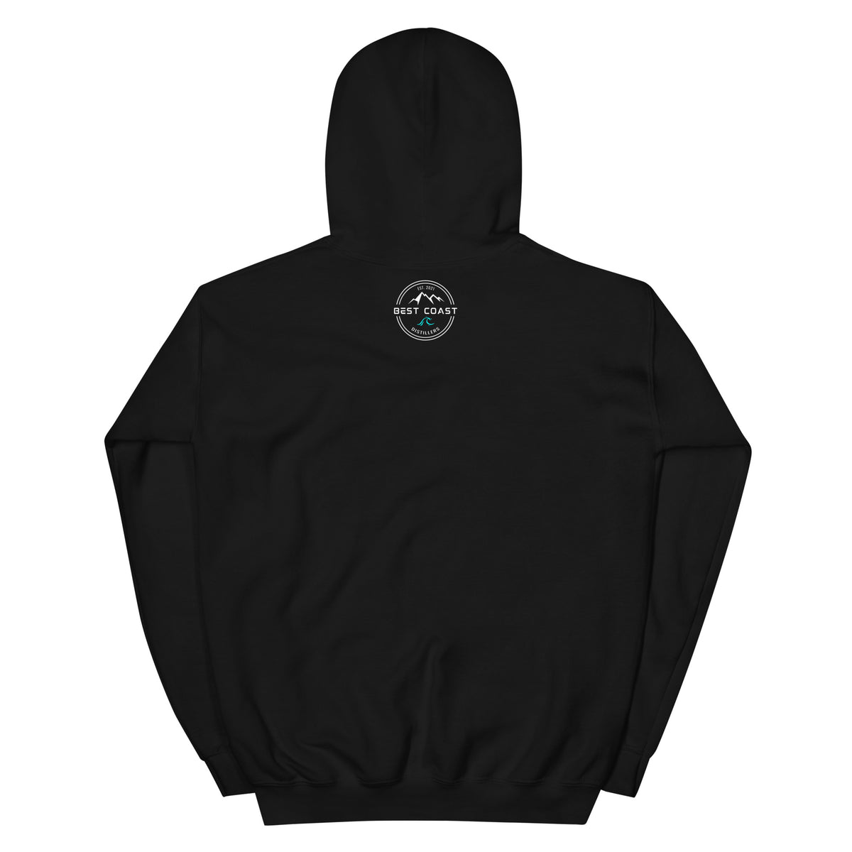 Back of black Best Coast Distillers hoodie with the badge printed at the neck