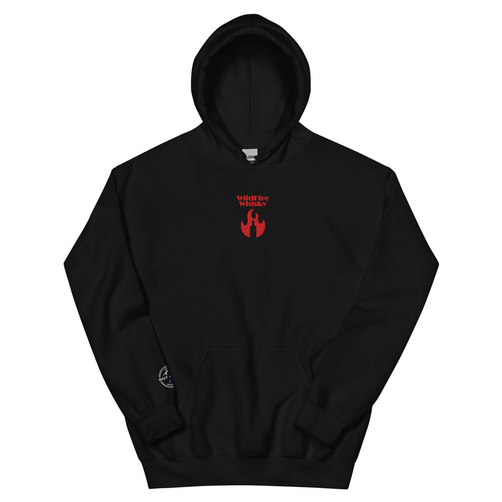 Black WildFire Whisky hoodie with the red WildFire logo and flame embroidered on the chest