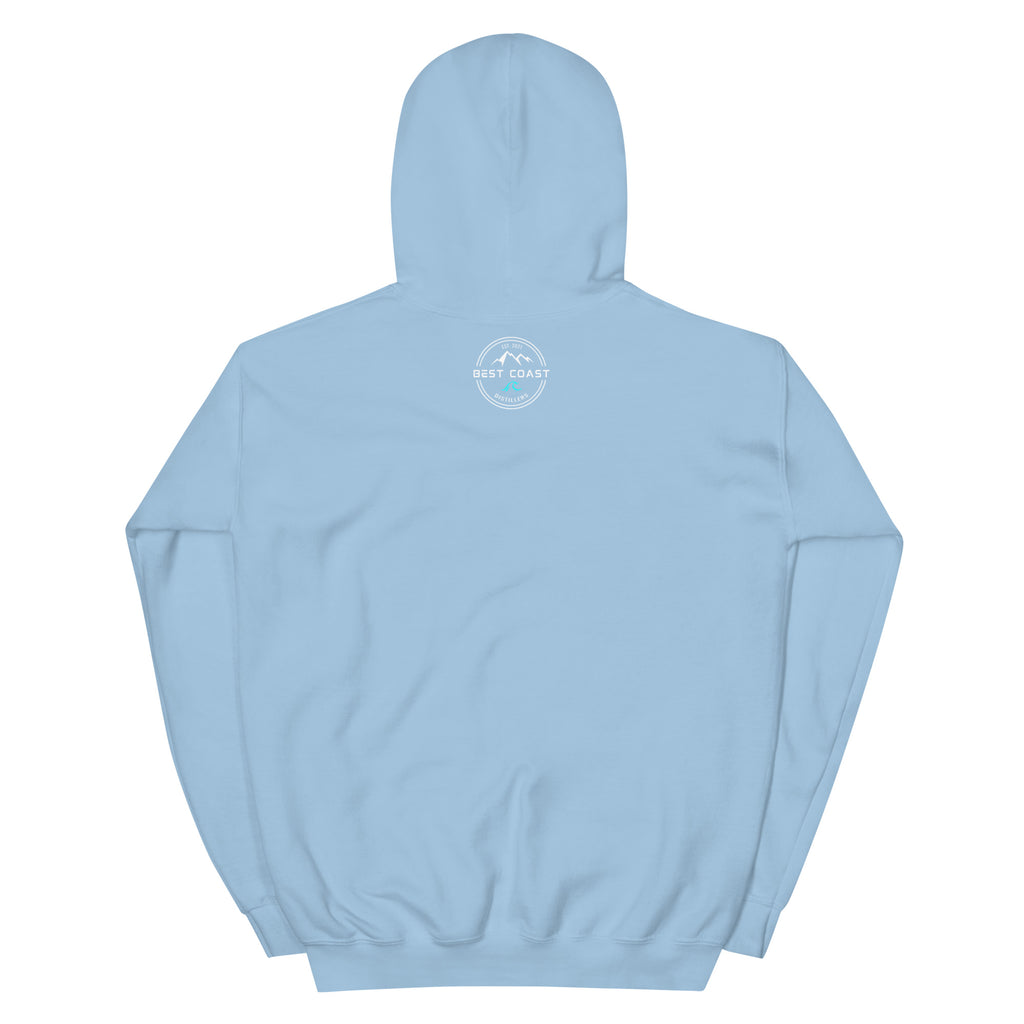 Back of light blue WildFire Whisky hoodie