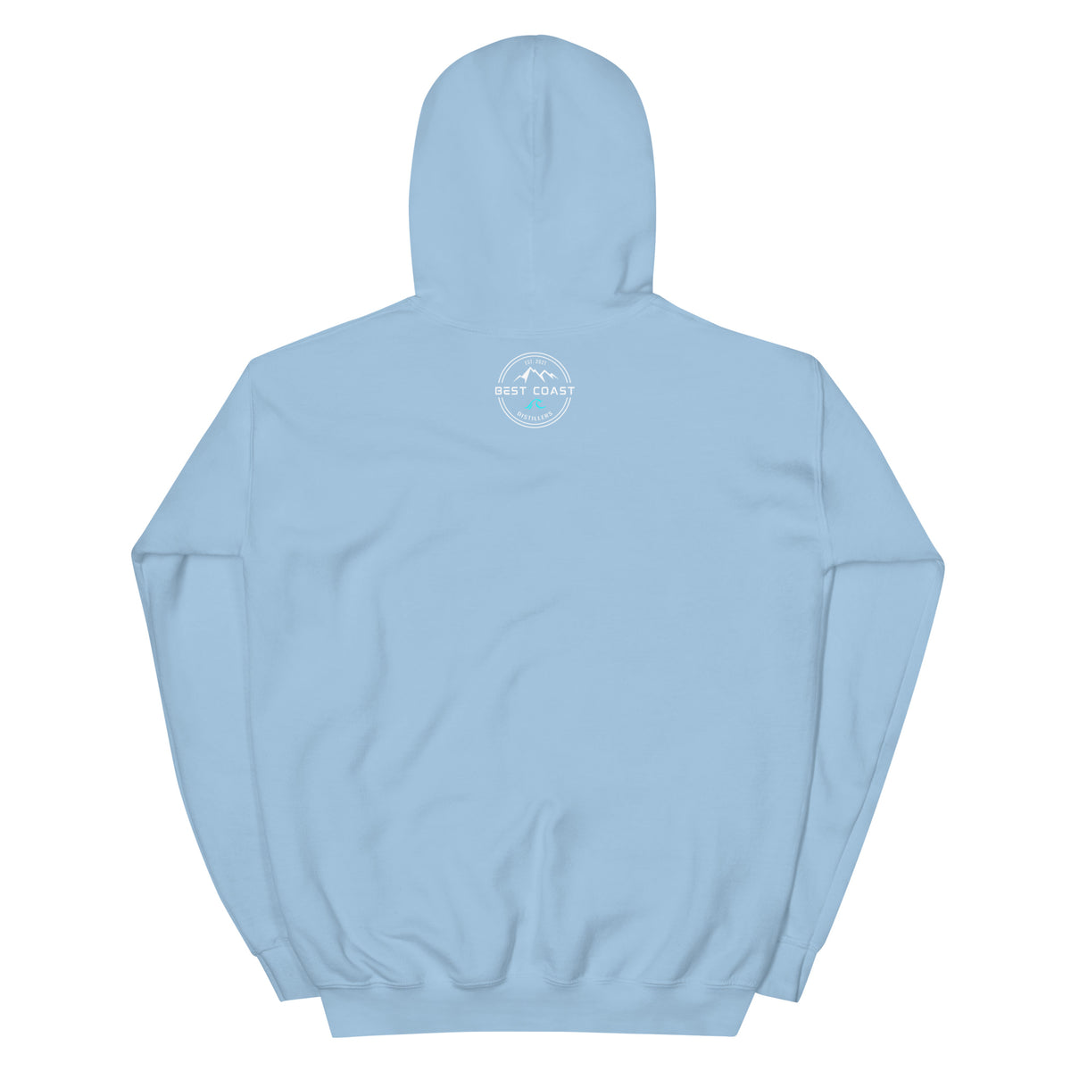 Back of light blue WildFire Whisky hoodie