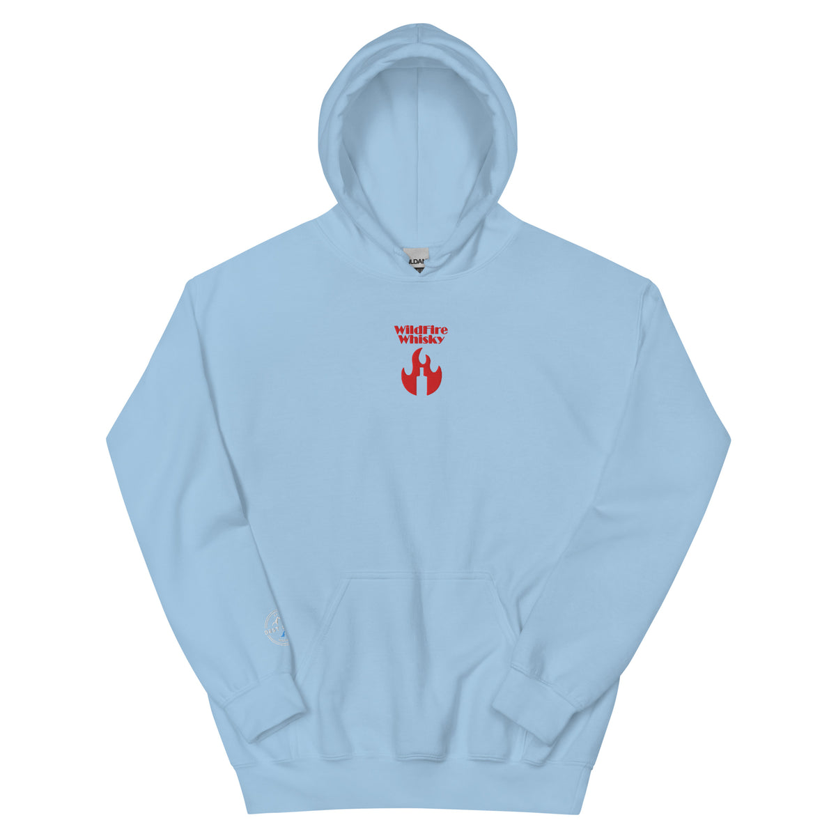 Light blue WildFire Whisky hoodie with the red WildFire logo and flame embroidered on the chest
