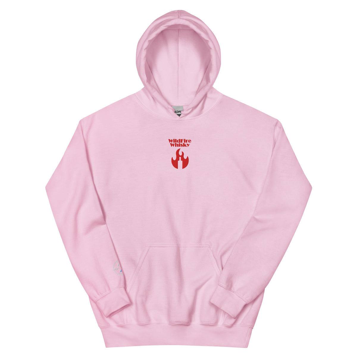 Light pink WildFire Whisky hoodie with the red WildFire logo and flame embroidered on the chest
