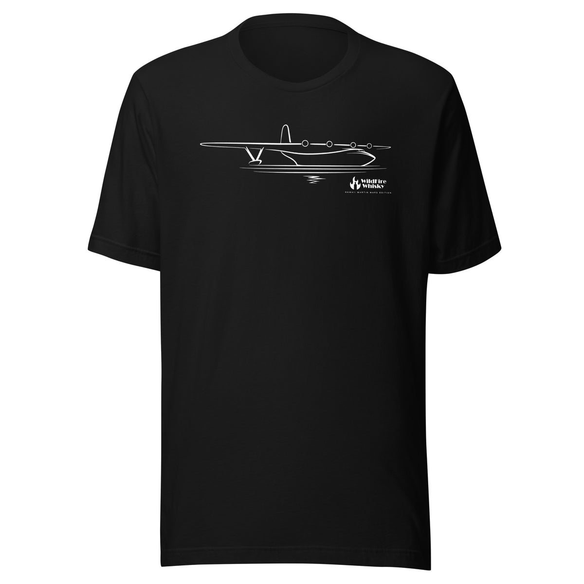 Black WildFire Whisky t-shirt with a white line drawing of the Hawaii Mars water bomber on the chest, front view